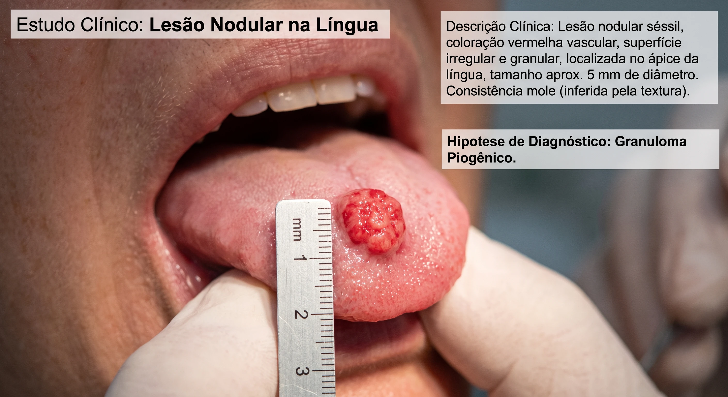 Observe a lesão simulada da imagem. Descrição. Lesão nodular, localizada no ápice da língua, de coloração vermelha, superfície irregular, tamanho aproximadamente de 5 mm de diâmetro, consistência mole, séssil. Hipótese de Diagnóstio: Granuloma Piogênico[/caption] Segue abaixo um roteiro para auxiliar na descrição de lesões intrabucais, identificando primeiramente o tipo de lesão fundamental (placa, mácula, etc..) e posteriormente suas características clínicas: